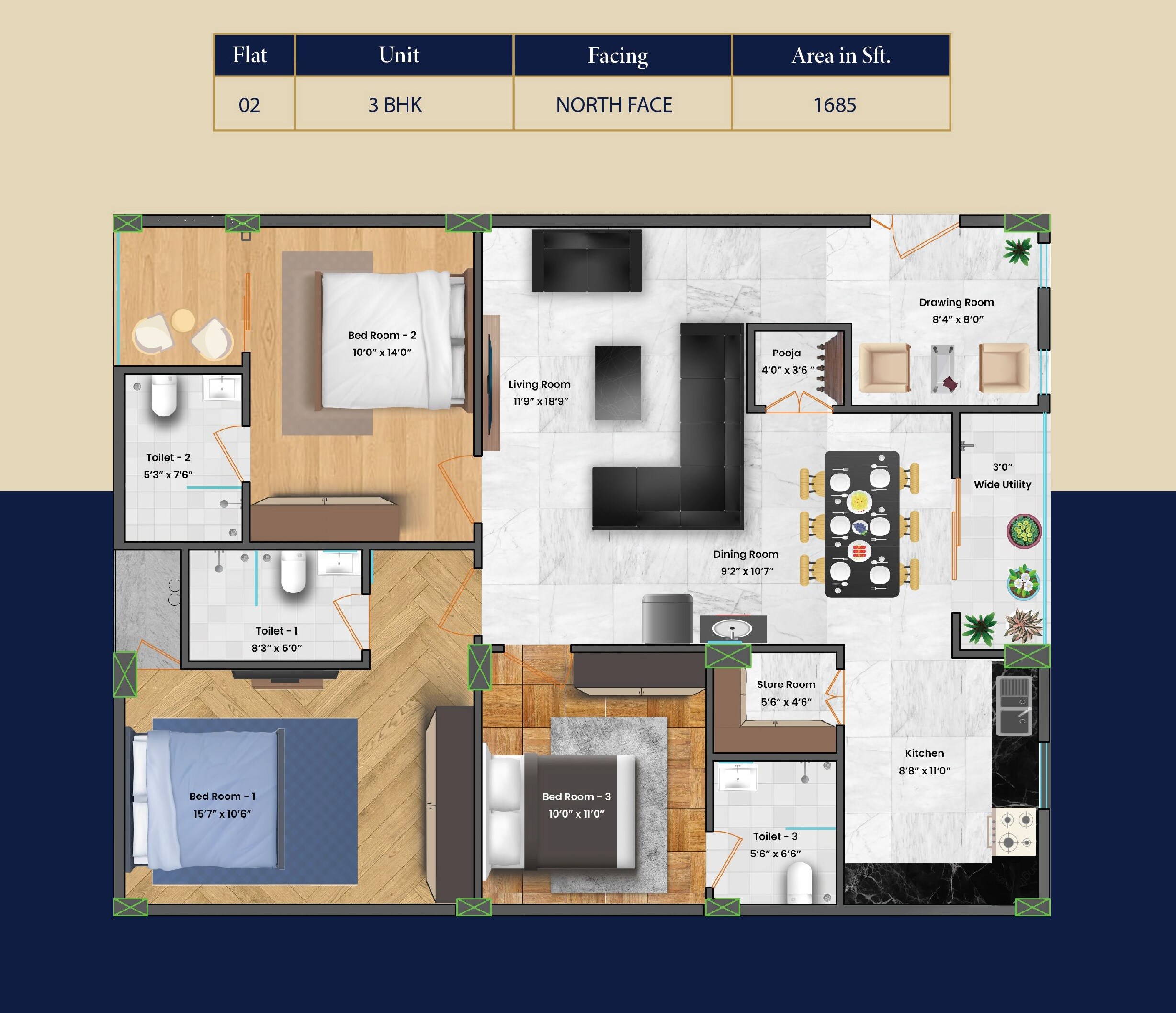 Floor plan of 3 BHK 1685 Sq. Ft. Apartment in Saniksha Mathura, Hyderabad