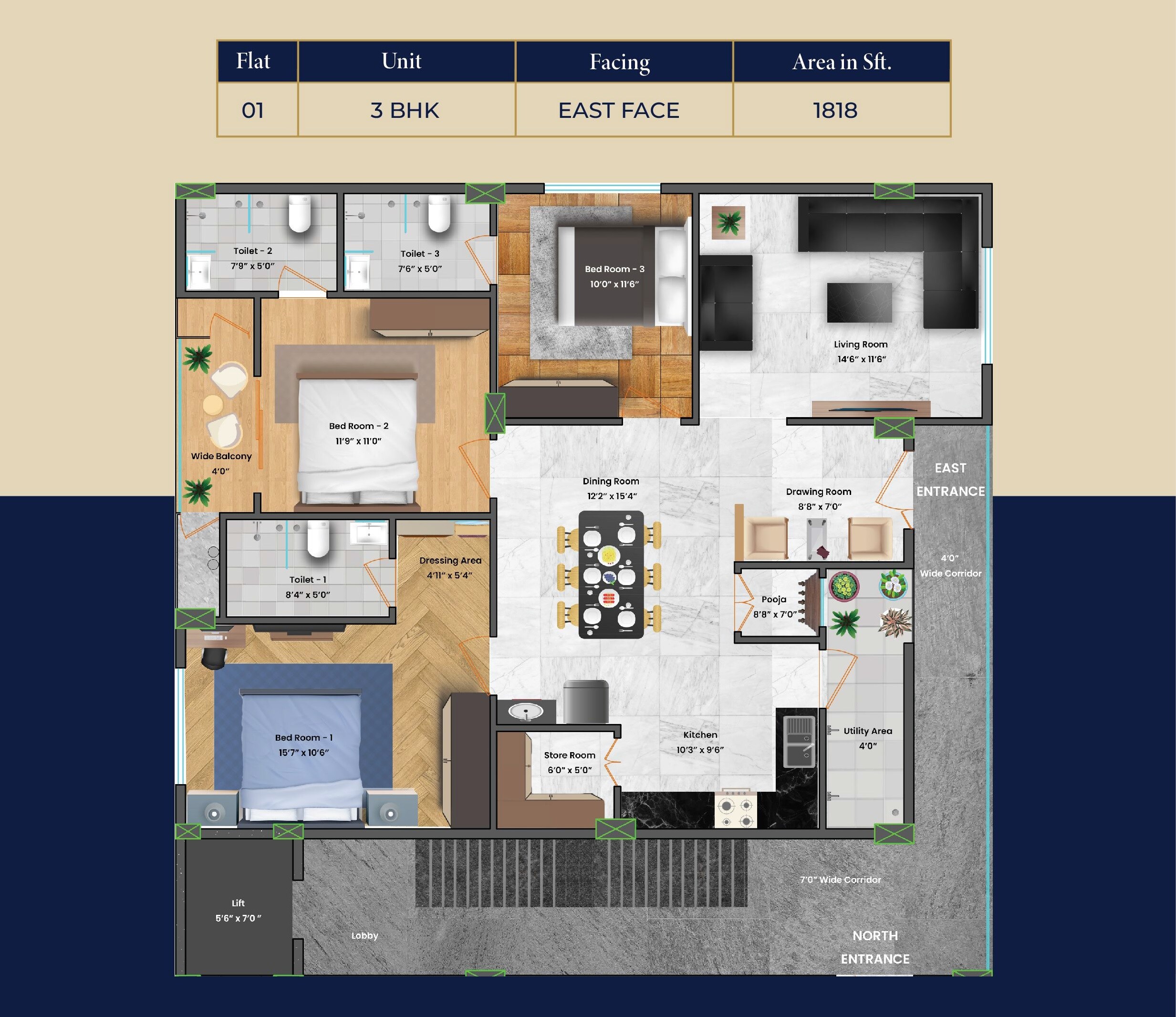 Floor plan of 3 BHK 1818 Sq. Ft. Apartment in Saniksha Mathura, Hyderabad