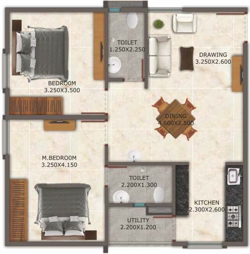 Floor plan of 2 BHK 956 Sq. Ft. Apartment in Sanjana Courtyard, Hyderabad