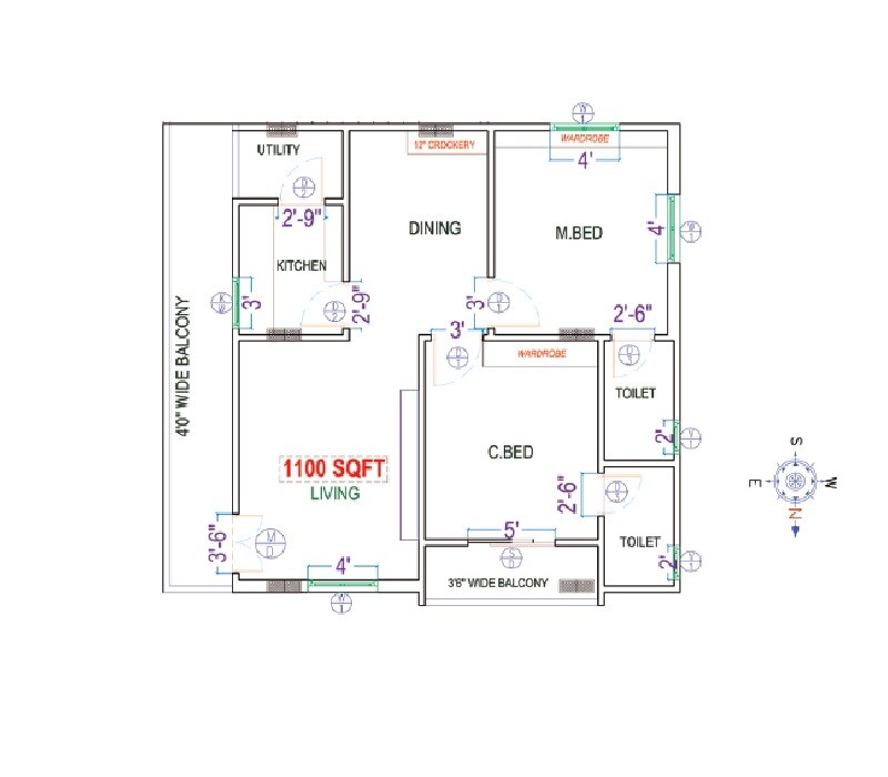 Floor plan of 2 BHK 1100 Sq. Ft. Apartment in Sanjana SRK Skyview Plaza, Hyderabad