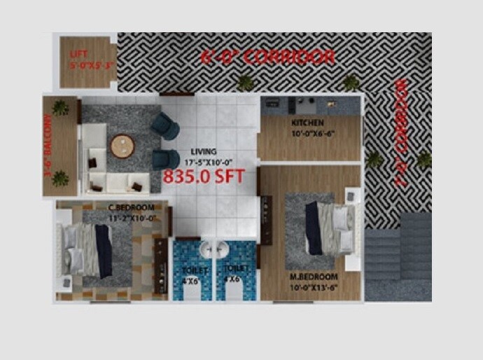 Floor plan of 2 BHK 835 Sq. Ft. Apartment in Sankalp Heights Hyderabad, Hyderabad