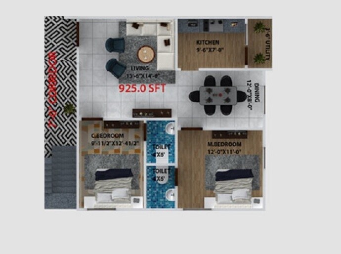 Floor plan of 2 BHK 925 Sq. Ft. Apartment in Sankalp Heights Hyderabad, Hyderabad