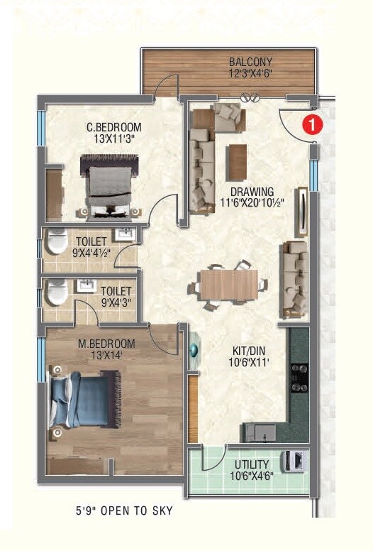 Floor plan of 2 BHK 1195 Sq. Ft. Apartment in Sanskriti Sarovar, Hyderabad