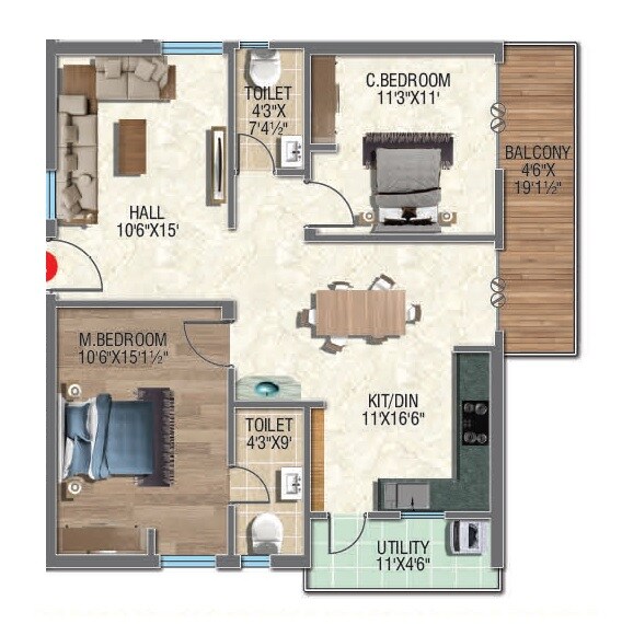 Floor plan of 2 BHK 1313 Sq. Ft. Apartment in Sanskriti Sarovar, Hyderabad