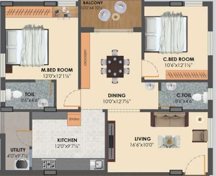 Floor plan of 2 BHK 872 Sq. Ft. Apartment in Sanvi Blue Bells, Hyderabad