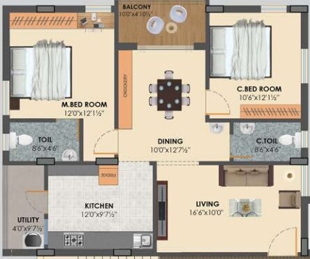 Floor plan of 2 BHK 988 Sq. Ft. Apartment in Sanvi Blue Bells, Hyderabad