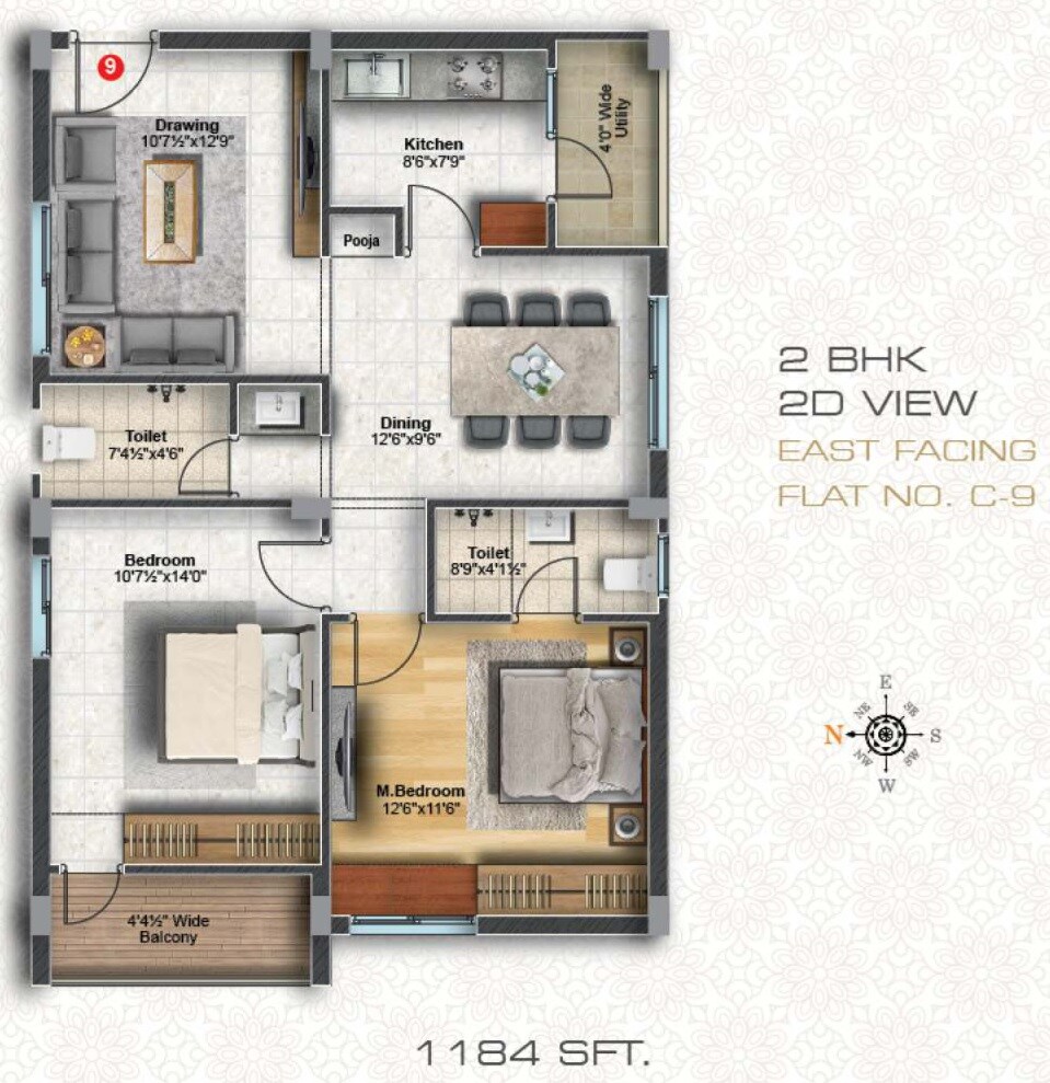 Floor plan of 2 BHK 1184 Sq. Ft. Apartment in Sanvi Kowsalya Manidweepam, Hyderabad