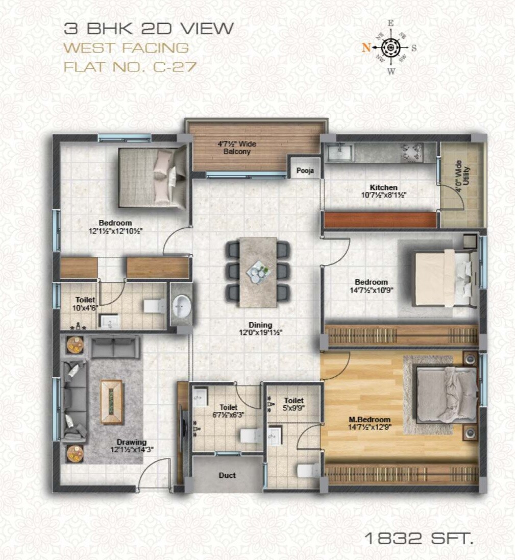 Floor plan of 3 BHK 1832 Sq. Ft. Apartment in Sanvi Kowsalya Manidweepam, Hyderabad