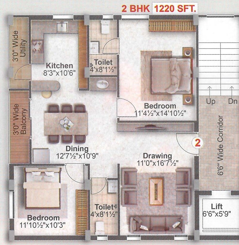 Floor plan of 2 BHK 1220 Sq. Ft. Apartment in Sanvi Kowsalya Suvarna, Hyderabad