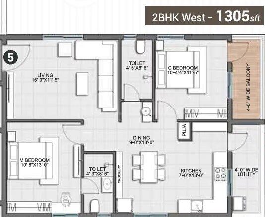 Floor plan of 2 BHK 1305 Sq. Ft. Apartment in Sanvi One East, Hyderabad