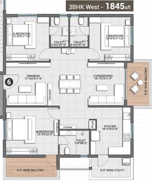 3 BHK 1845 Sq. Ft. Apartment
