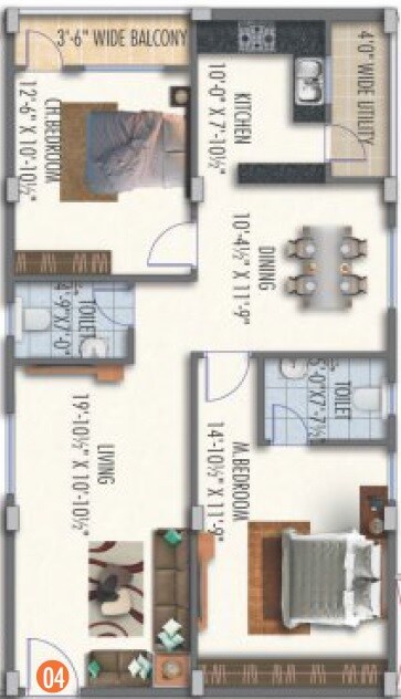 Floor plan of 2 BHK 1298 Sq. Ft. Apartment in Satya Nivriti, Hyderabad