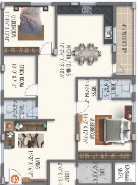 Floor plan of 3 BHK 1544 Sq. Ft. Apartment in Satya Nivriti, Hyderabad
