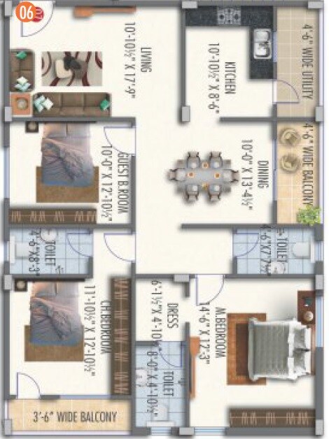 Floor plan of 3 BHK 1730 Sq. Ft. Apartment in Satya Nivriti, Hyderabad