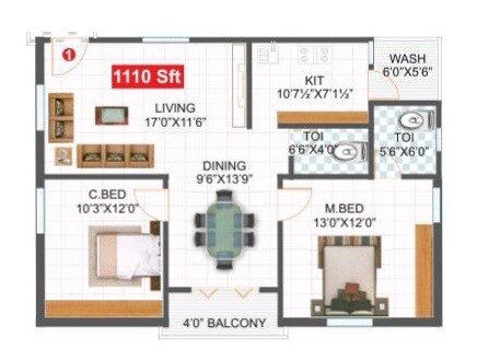 Floor plan of 2 BHK Apartment - 1100 sq. ft. in Saudha Ridge, Hyderabad