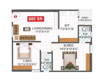 Floor plan of 2 BHK Apartment - 880 sq. ft. in Saudha Ridge, Hyderabad