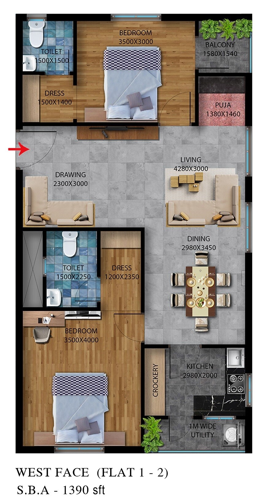 Floor plan of 2 BHK 1390 Sq. Ft. Apartment in Sensation Lake Breeze Seshadri, Hyderabad