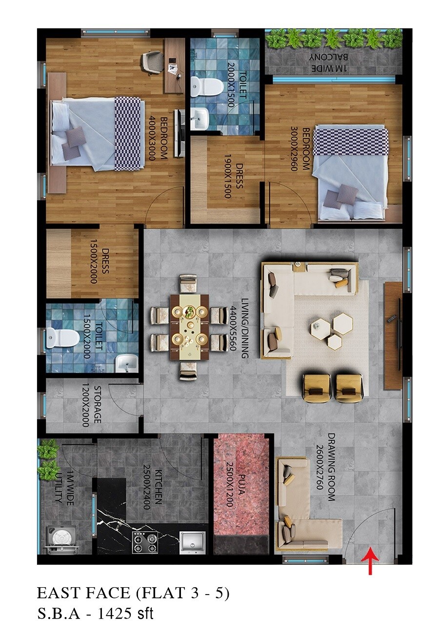Floor plan of 2 BHK 1425 Sq. Ft. Apartment in Sensation Lake Breeze Seshadri, Hyderabad