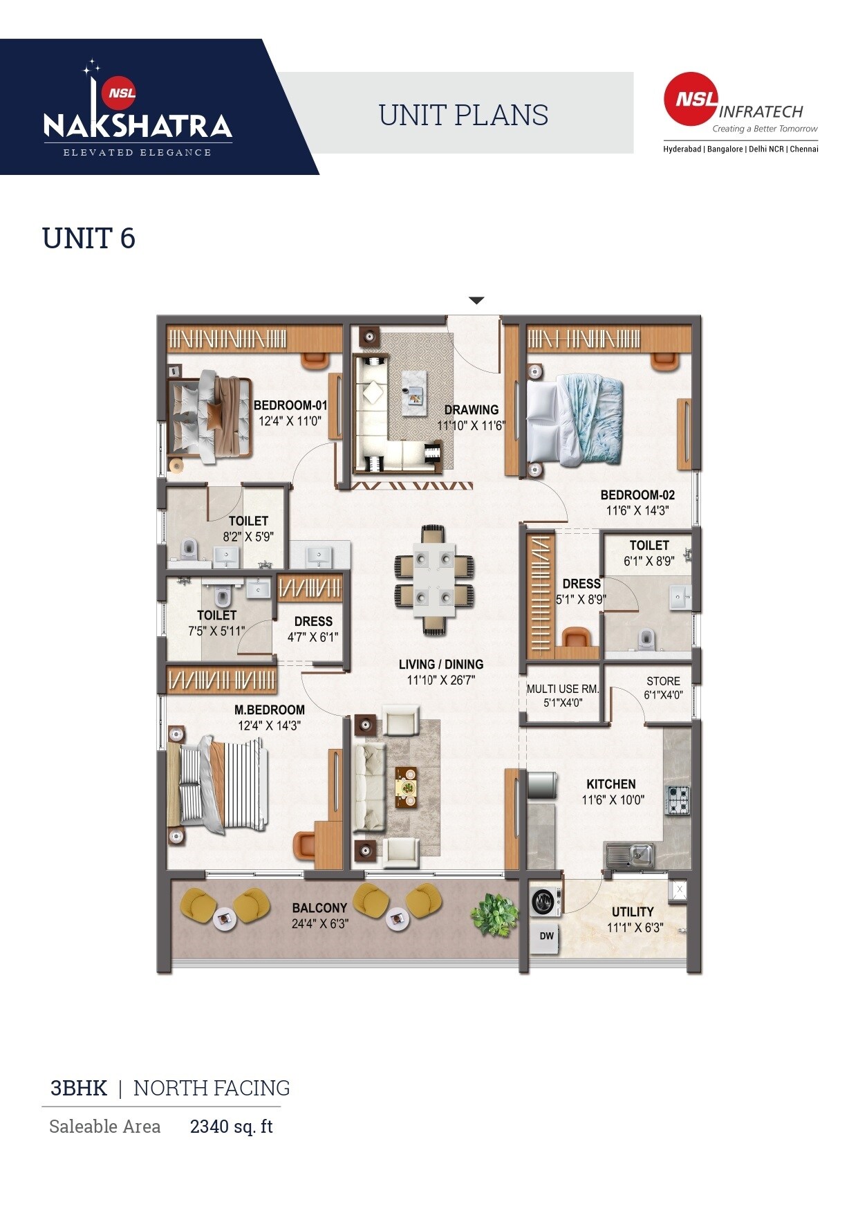 Floor plan of 3 BHK 2340 Sq. Ft. Apartment in Serene NSL Nakshatra, Hyderabad