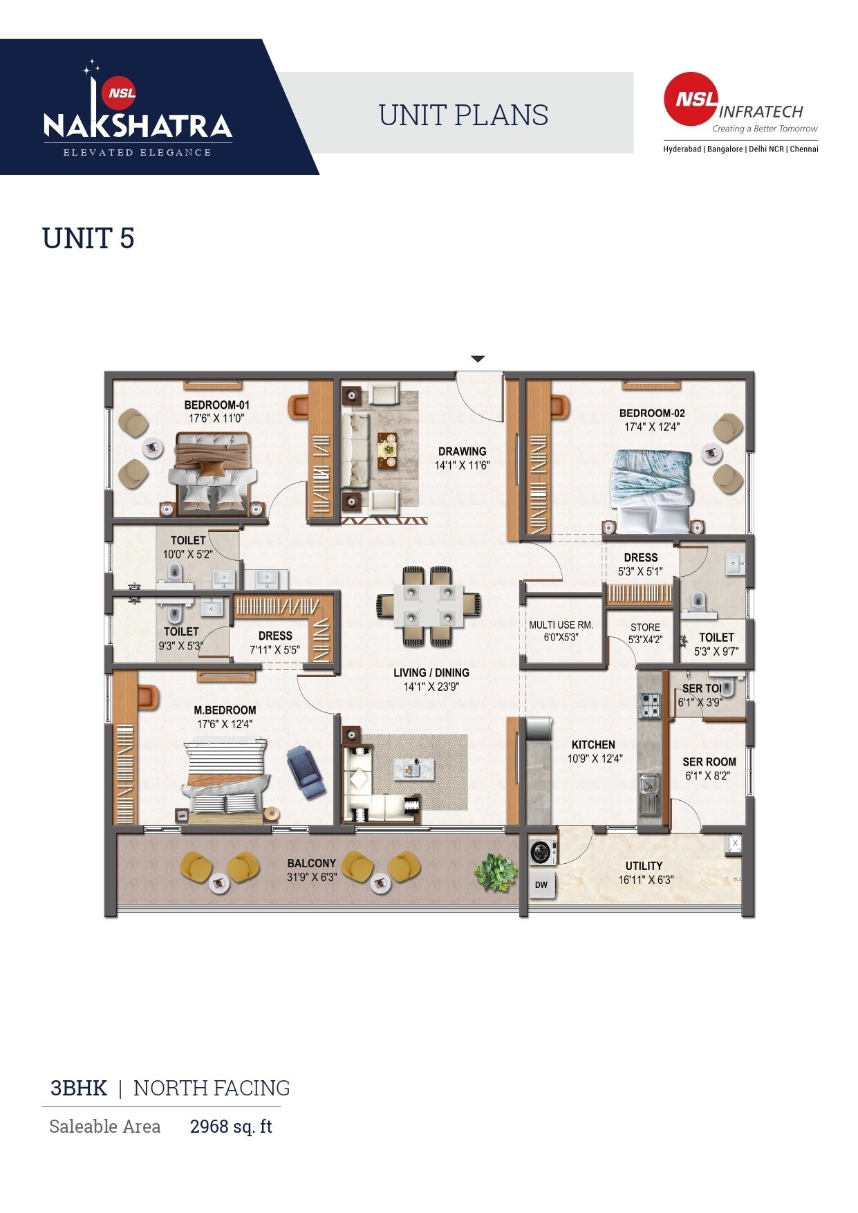Floor plan of 3 BHK 2968 Sq. Ft. Apartment in Serene NSL Nakshatra, Hyderabad