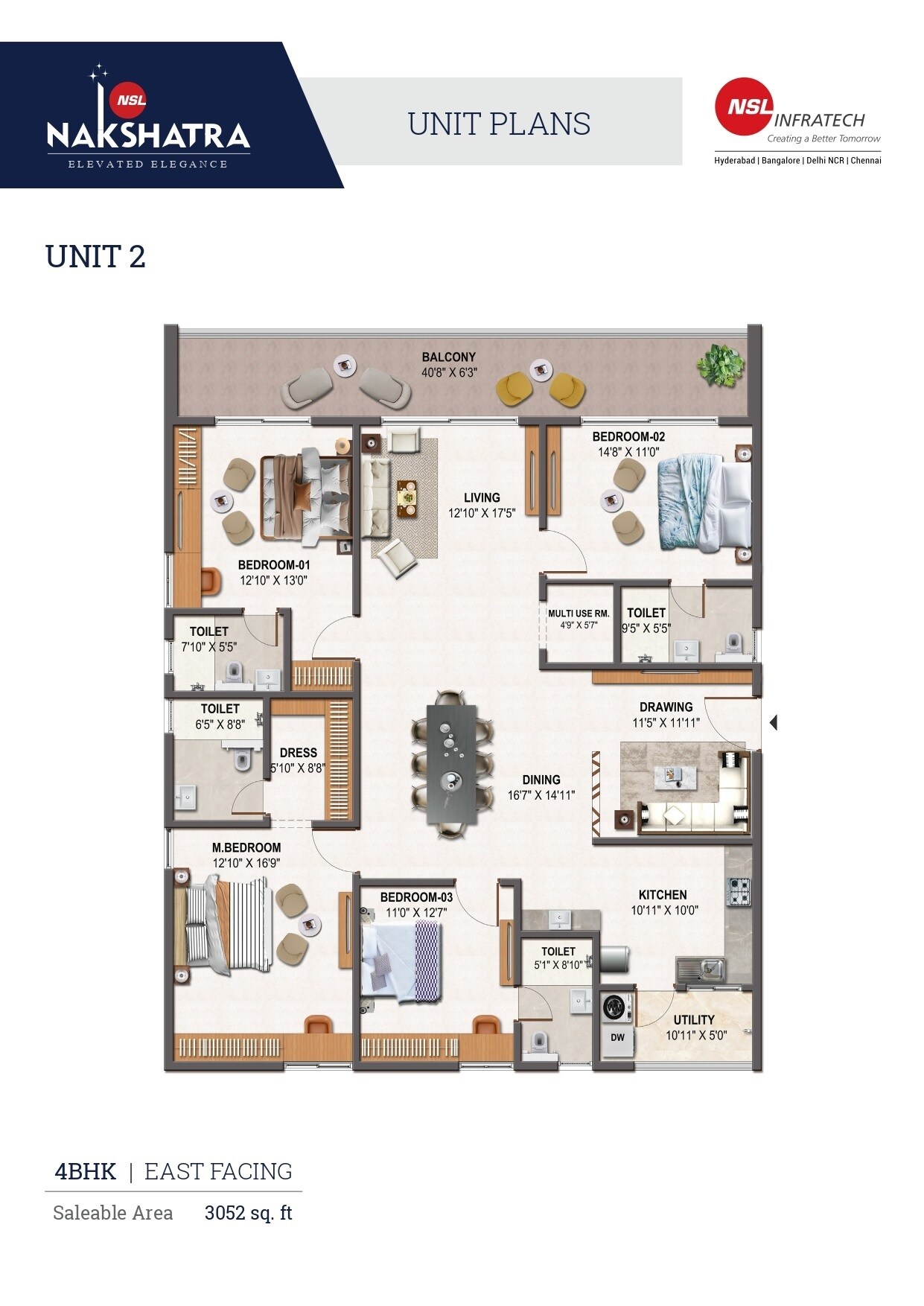 Floor plan of 4 BHK 3052 Sq. Ft. Apartment in Serene NSL Nakshatra, Hyderabad