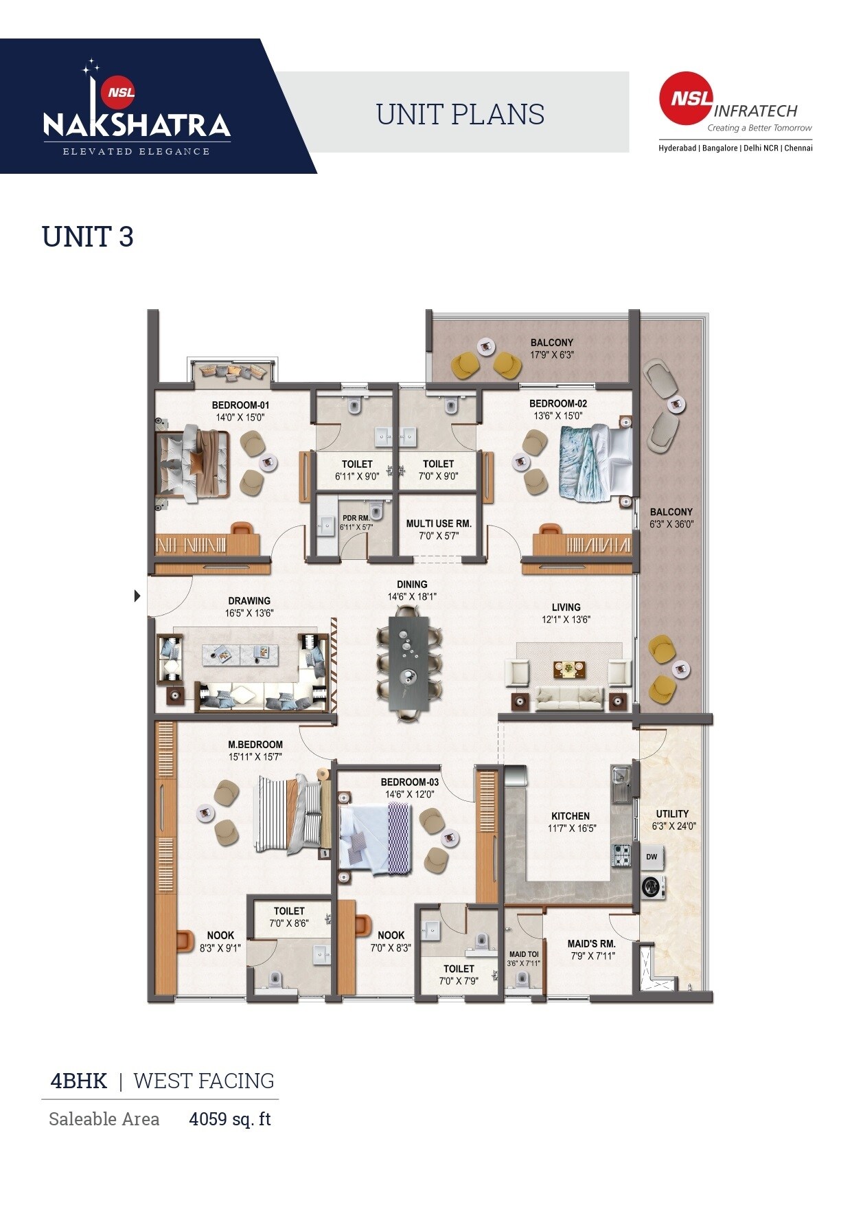 Floor plan of 4 BHK 4059 Sq. Ft. Apartment in Serene NSL Nakshatra, Hyderabad