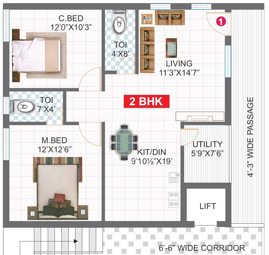 Floor plan of 2 BHK 1250 Sq. Ft. Apartment in SGB SRR Nilayam, Hyderabad