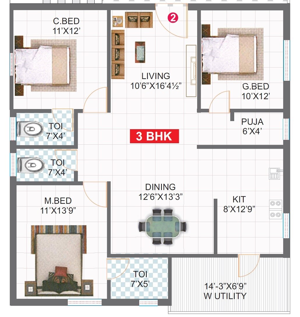 Floor plan of 3 BHK 1575 Sq. Ft. Apartment in SGB SRR Nilayam, Hyderabad