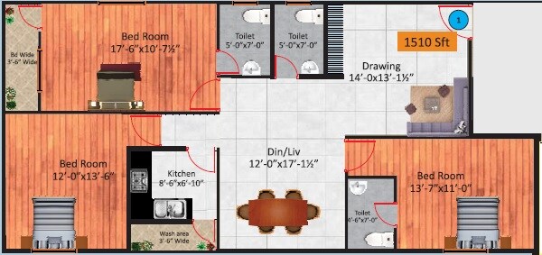 Floor plan of 3 BHK 1510 Sq. Ft. Apartment in Shamshiri Premia Bandlaguda, Hyderabad