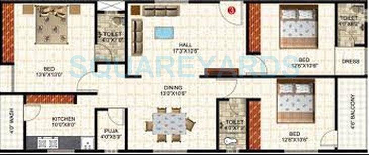 Floor plan of 3 BHK 1400 Sq. Ft. Apartment in Shanders Yogesh Residency, Hyderabad
