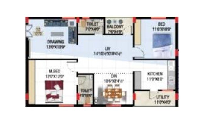 Floor plan of 2 BHK 1251 Sq. Ft. Apartment in Shanmukaa Sankalpa Meadows, Hyderabad