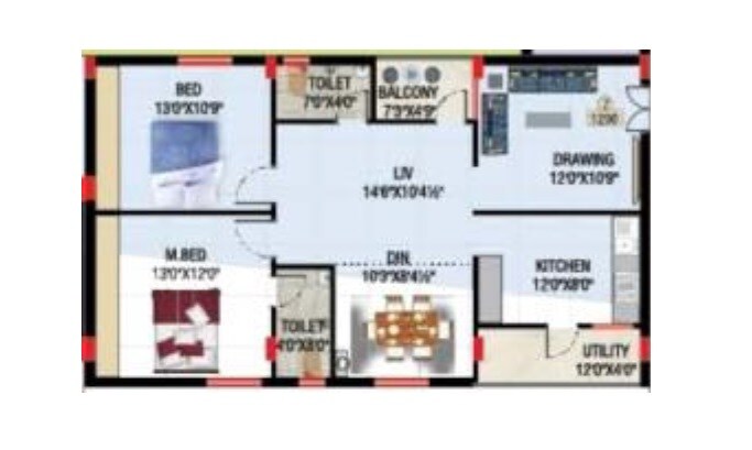 Floor plan of 2 BHK 1299 Sq. Ft. Apartment in Shanmukaa Sankalpa Meadows, Hyderabad