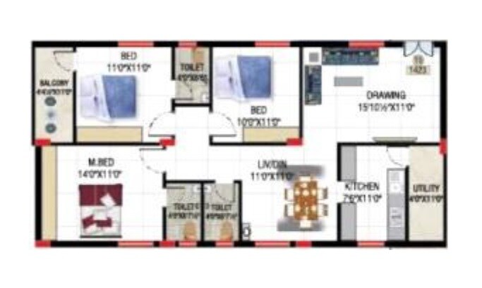Floor plan of 3 BHK 1364 Sq. Ft. Apartment in Shanmukaa Sankalpa Meadows, Hyderabad