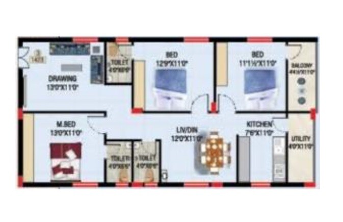 Floor plan of 3 BHK 1570 Sq. Ft. Apartment in Shanmukaa Sankalpa Meadows, Hyderabad