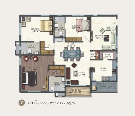 3 BHK 2225 Sq. Ft. Apartment