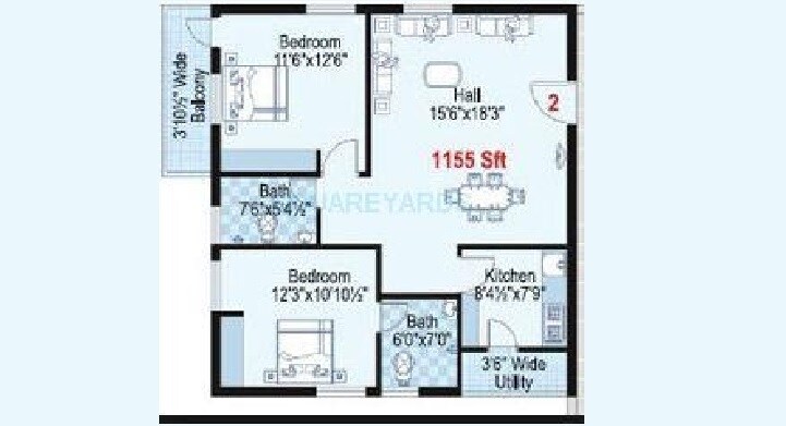 Floor plan of 2 BHK 1155 Sq. Ft. Apartment in Shanta Sriram Harmony Heights, Hyderabad