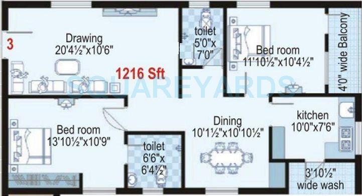 Floor plan of 2 BHK 1216 Sq. Ft. Apartment in Shanta Sriram Harmony Heights, Hyderabad