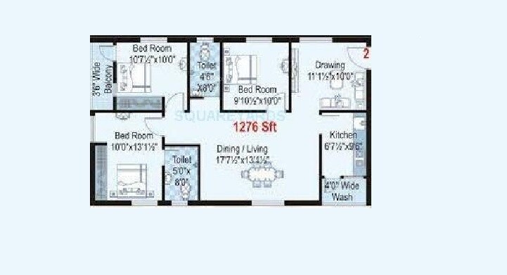 Floor plan of 3 BHK 1276 Sq. Ft. Apartment in Shanta Sriram Harmony Heights, Hyderabad