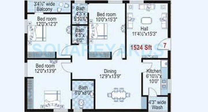 Floor plan of 3 BHK 1524 Sq. Ft. Apartment in Shanta Sriram Harmony Heights, Hyderabad