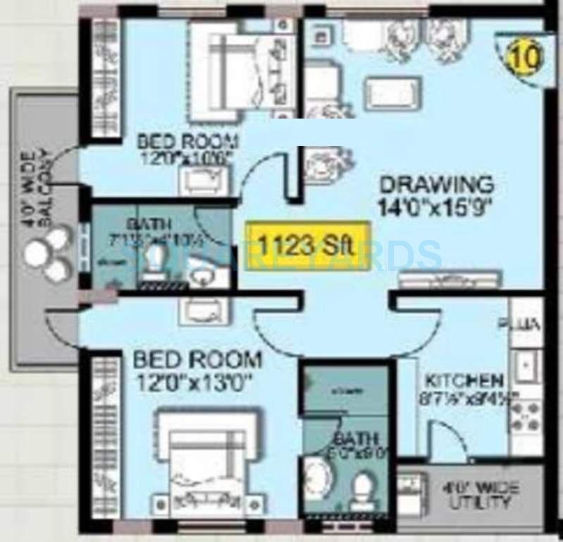 Floor plan of 2 BHK 1123 Sq. Ft. Apartment in Shanta Sriram Padmanabha Residency, Hyderabad