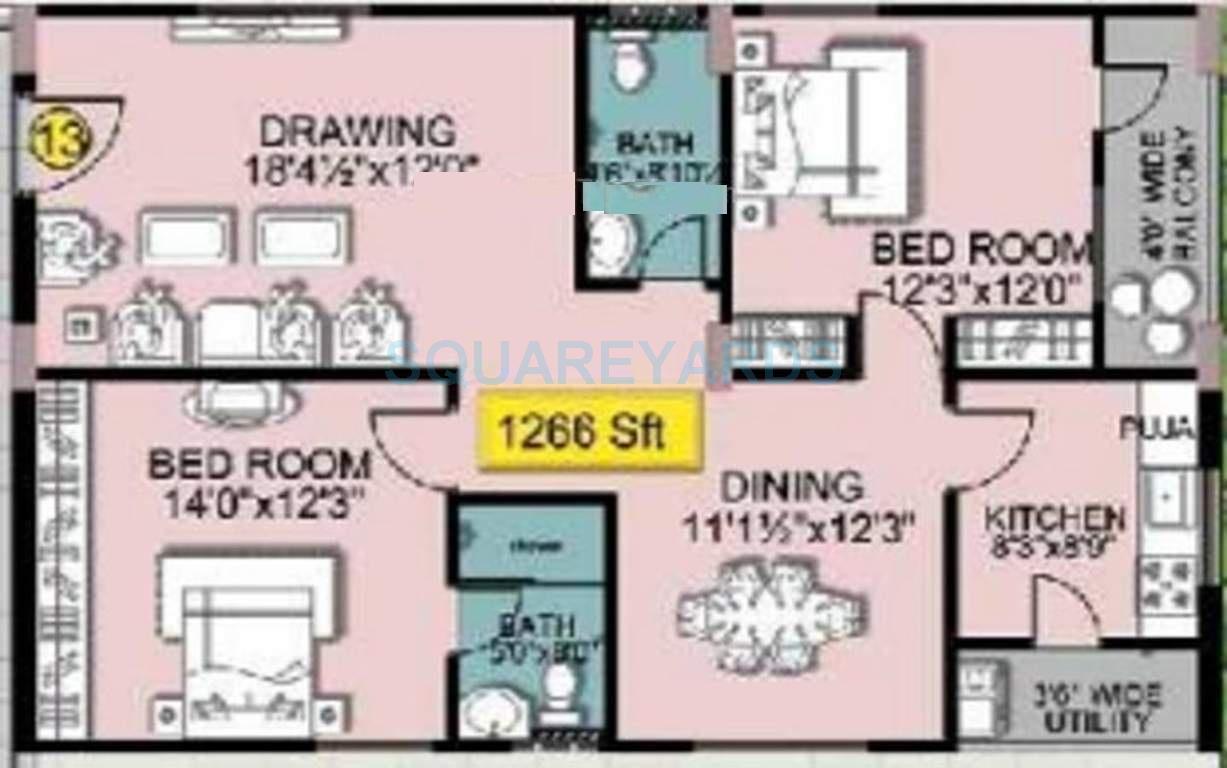 Floor plan of 2 BHK 1266 Sq. Ft. Apartment in Shanta Sriram Padmanabha Residency, Hyderabad