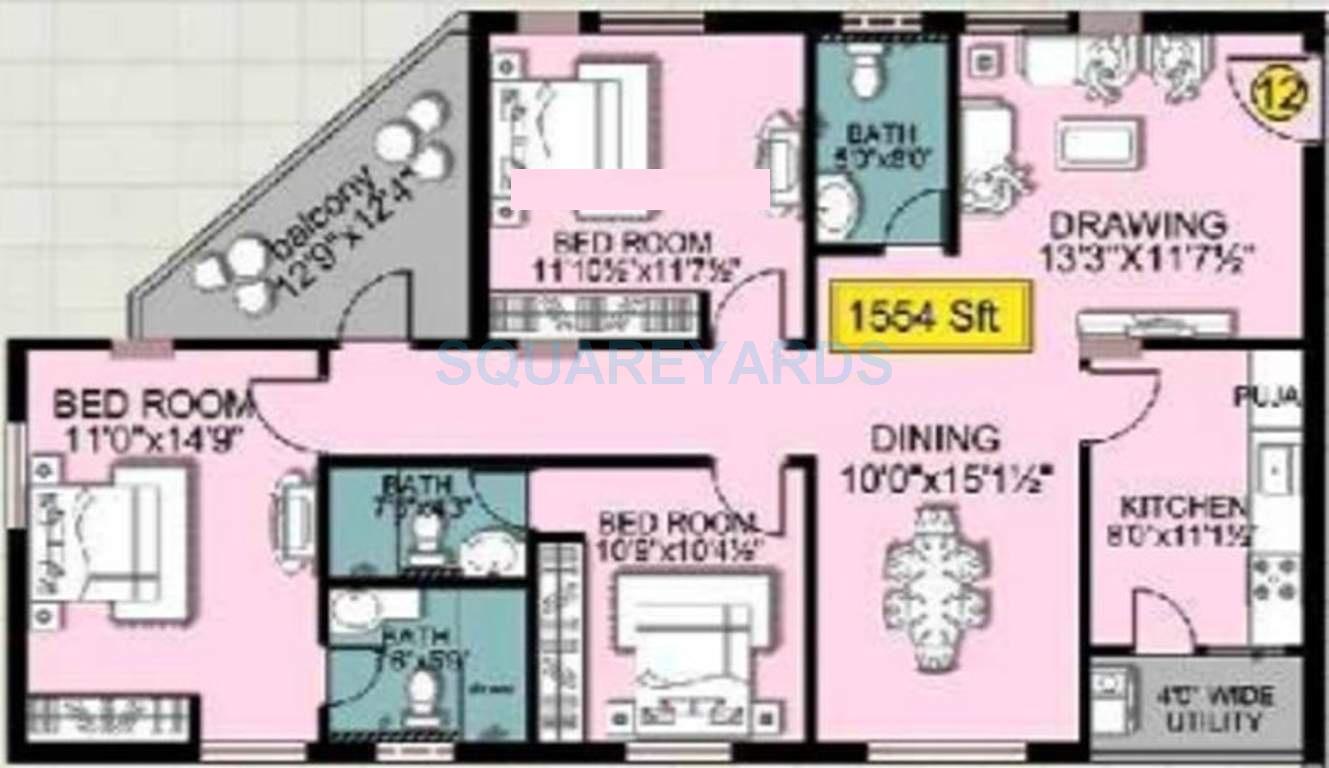 Floor plan of 3 BHK 1544 Sq. Ft. Apartment in Shanta Sriram Padmanabha Residency, Hyderabad