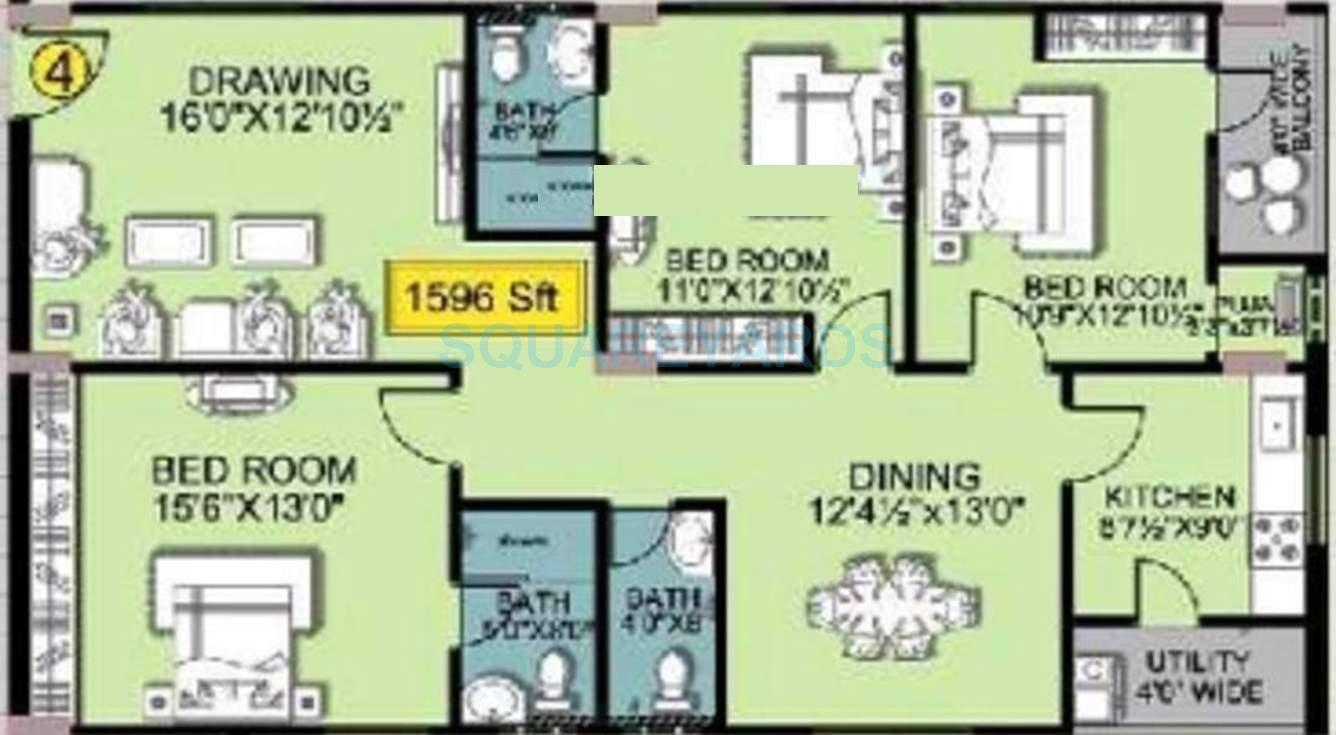 Floor plan of 3 BHK 1596 Sq. Ft. Apartment in Shanta Sriram Padmanabha Residency, Hyderabad