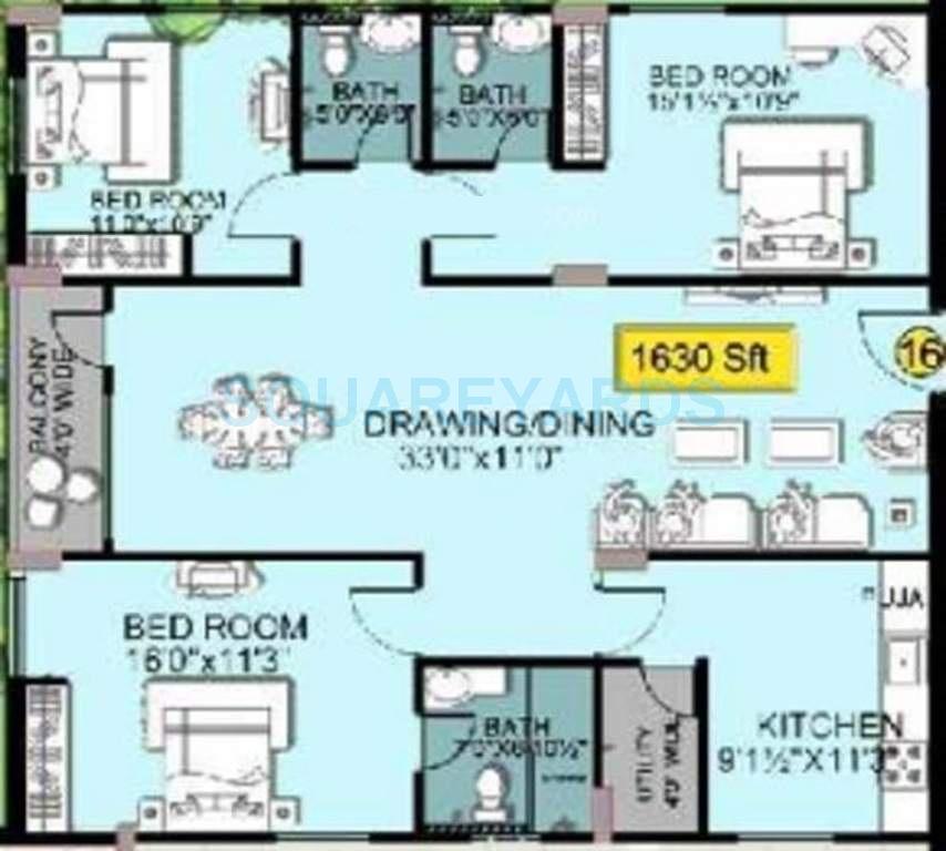 Floor plan of 3 BHK 1630 Sq. Ft. Apartment in Shanta Sriram Padmanabha Residency, Hyderabad