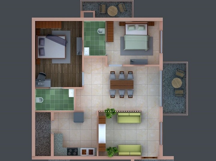 Floor plan of 2 BHK 1295 Sq. Ft. Apartment in Shanta Sriram Pinnacle, Hyderabad