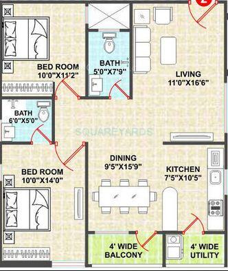 Floor plan of 2 BHK 1100 Sq. Ft. Apartment in Shanta Sriram Sunshine Residency, Hyderabad