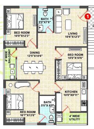 Floor plan of 3 BHK 1324 Sq. Ft. Apartment in Shanta Sriram Sunshine Residency, Hyderabad