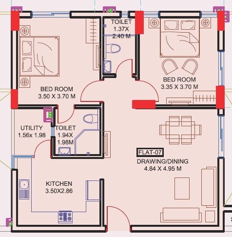 Floor plan of 2 BHK 1373 Sq. Ft. Apartment in Sharvani Sree Hemadurga Paradise, Hyderabad