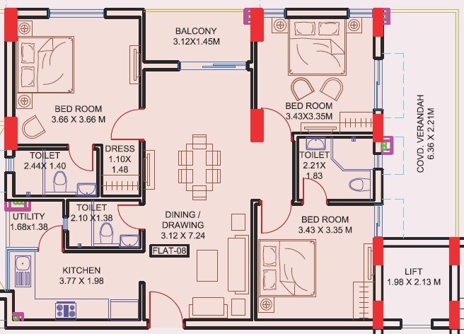 Floor plan of 3 BHK 1650 Sq. Ft. Apartment in Sharvani Sree Hemadurga Paradise, Hyderabad