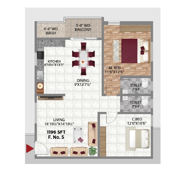Floor plan of 2 BHK 1195 Sq. Ft. Apartment in Shasta Brundavanam, Hyderabad